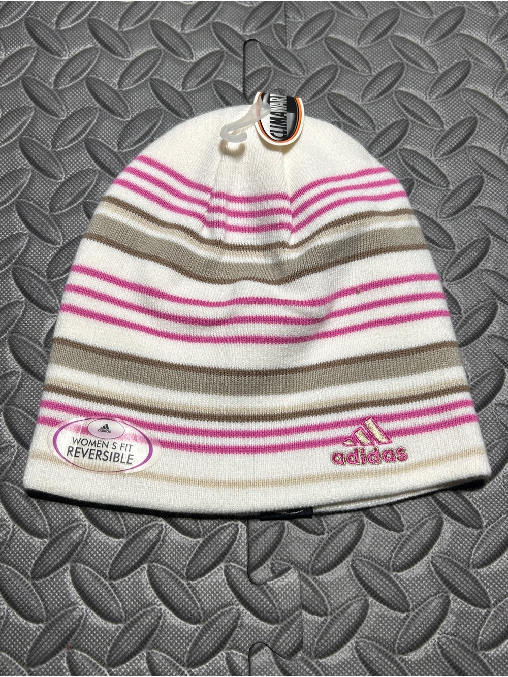 Adidas White/Pink Striped Reversible Beanie NWT